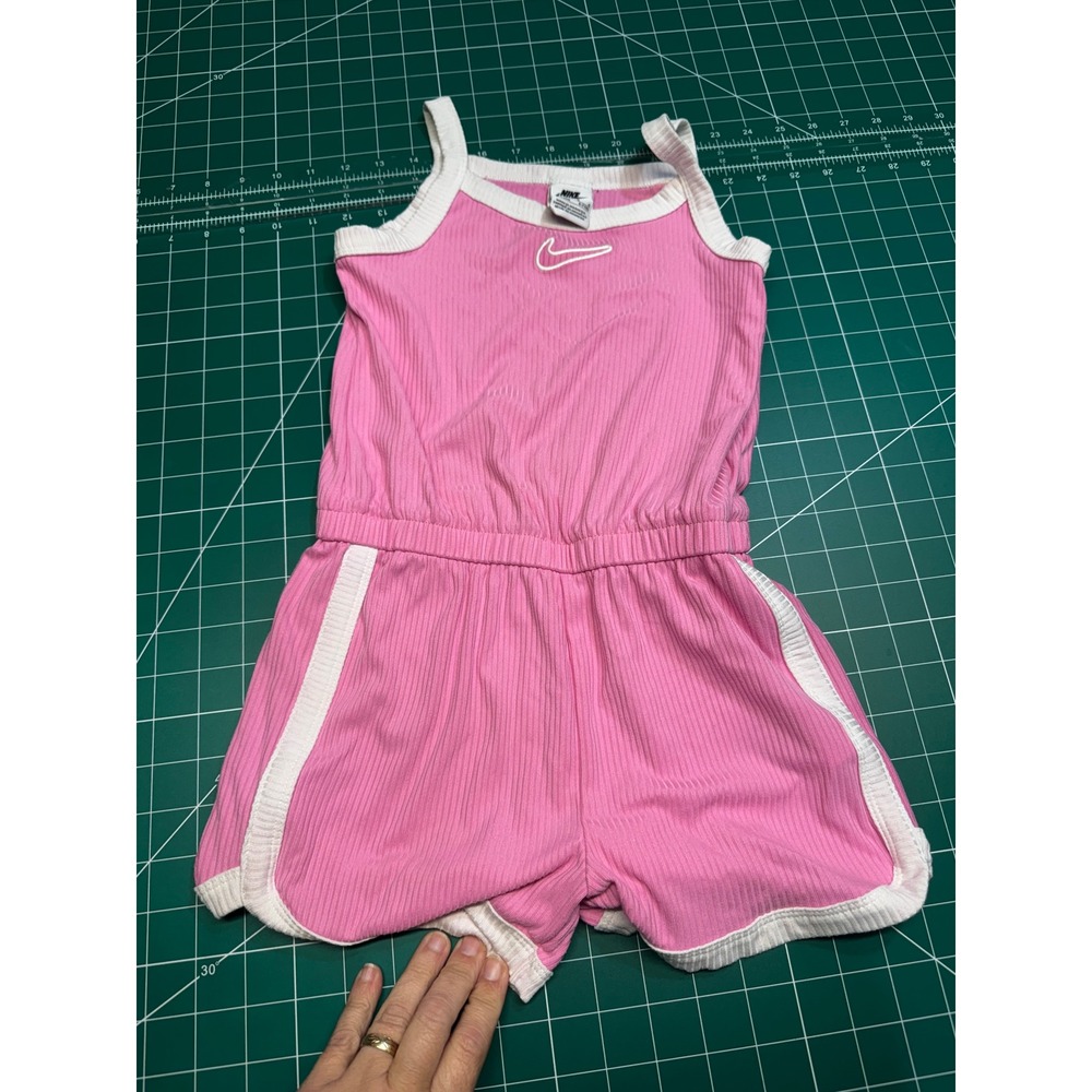 Nike Girls Pink Ribbed Romper Size 6X White Trim Embroidered Swoosh Logo